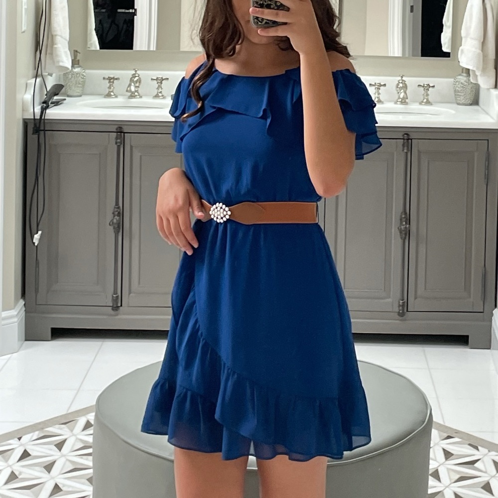 Blue off the shoulder silky dress with belt